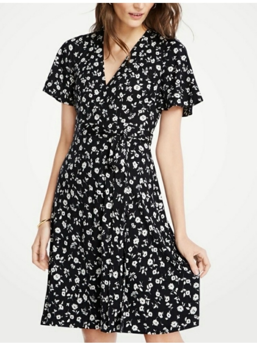 Ann Taylor Black and White Floral Wrap Dress